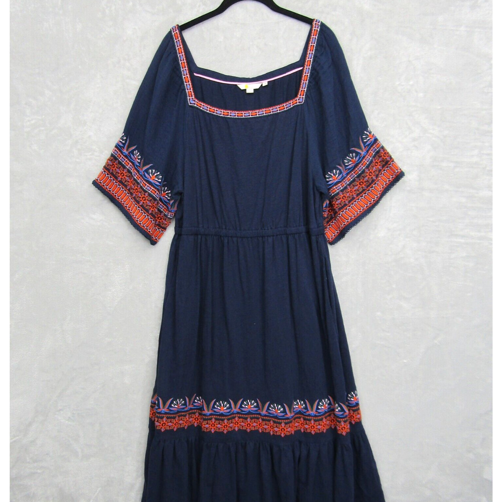 Boden Navy Blue Jersey Embroidered Midi Dress Womens US 14 R UK 18 Boho Peasant